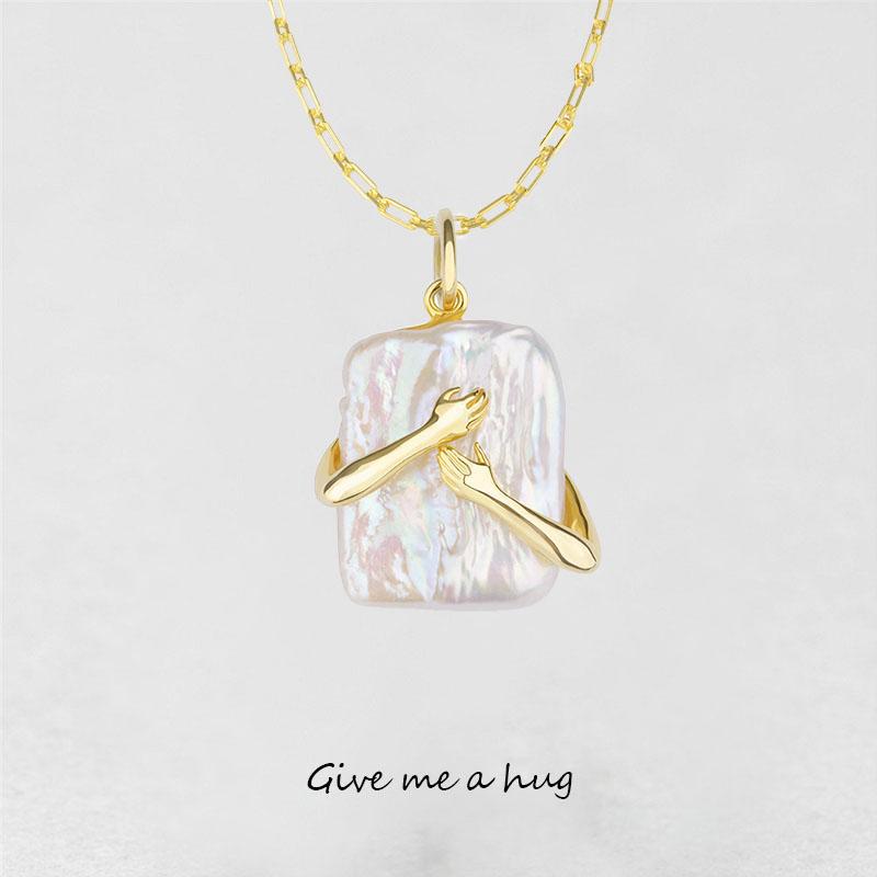 Unique square baroque pearl couple pendant necklace Valentines Day lover gift party jewellery, image 3