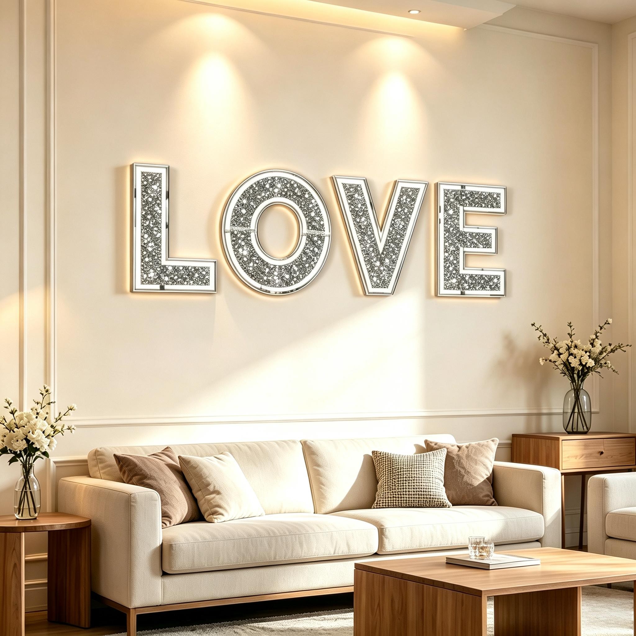 Luxury crushed diamond mirrored love 3d letters sign, silver sparkling crystal freestanding alphabet ornament, table top decor for wedding party