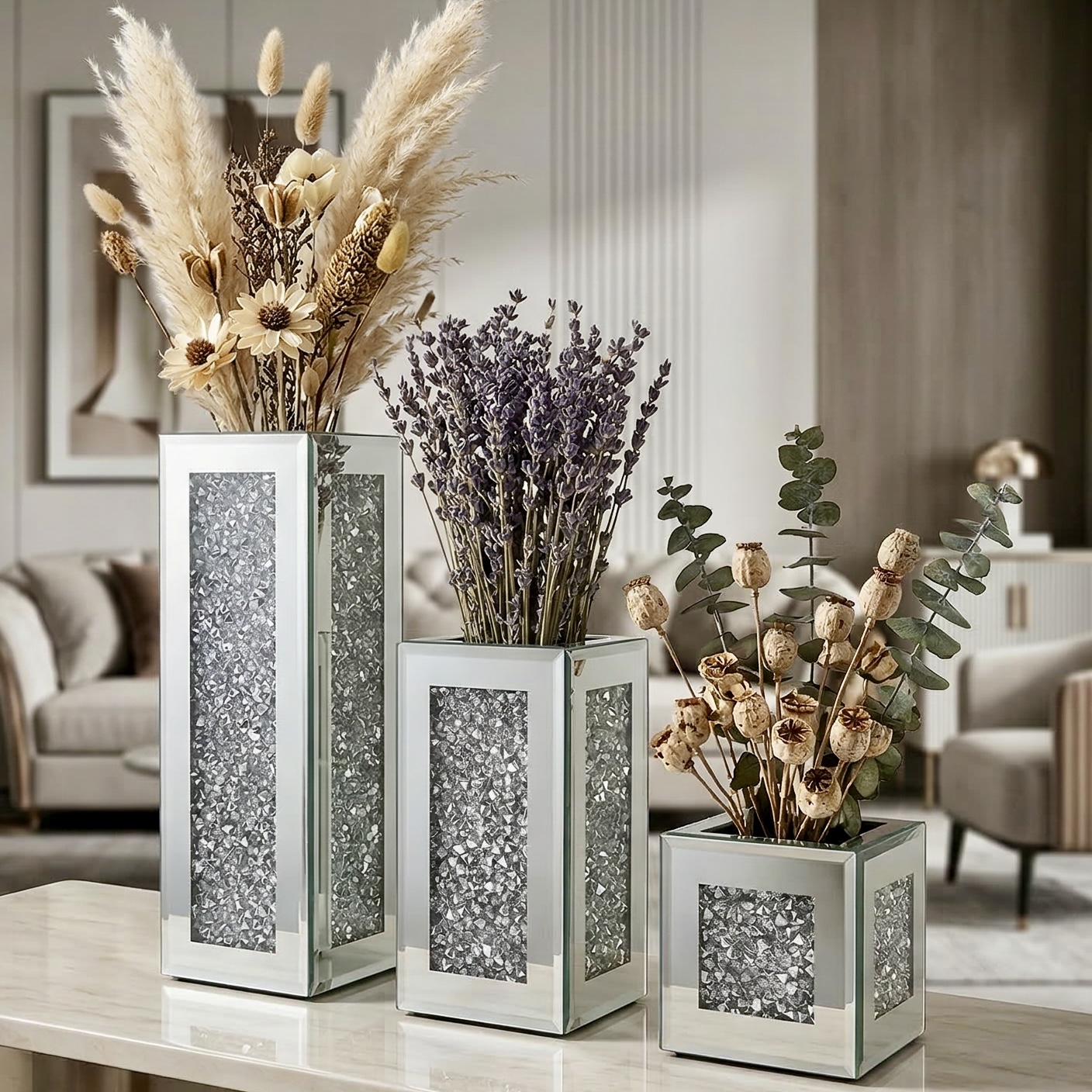 Square crushed diamond mirrored vase set of 3, silver sparkly crystal glass decorative flower vase, luxury table centrepiece for home living room
