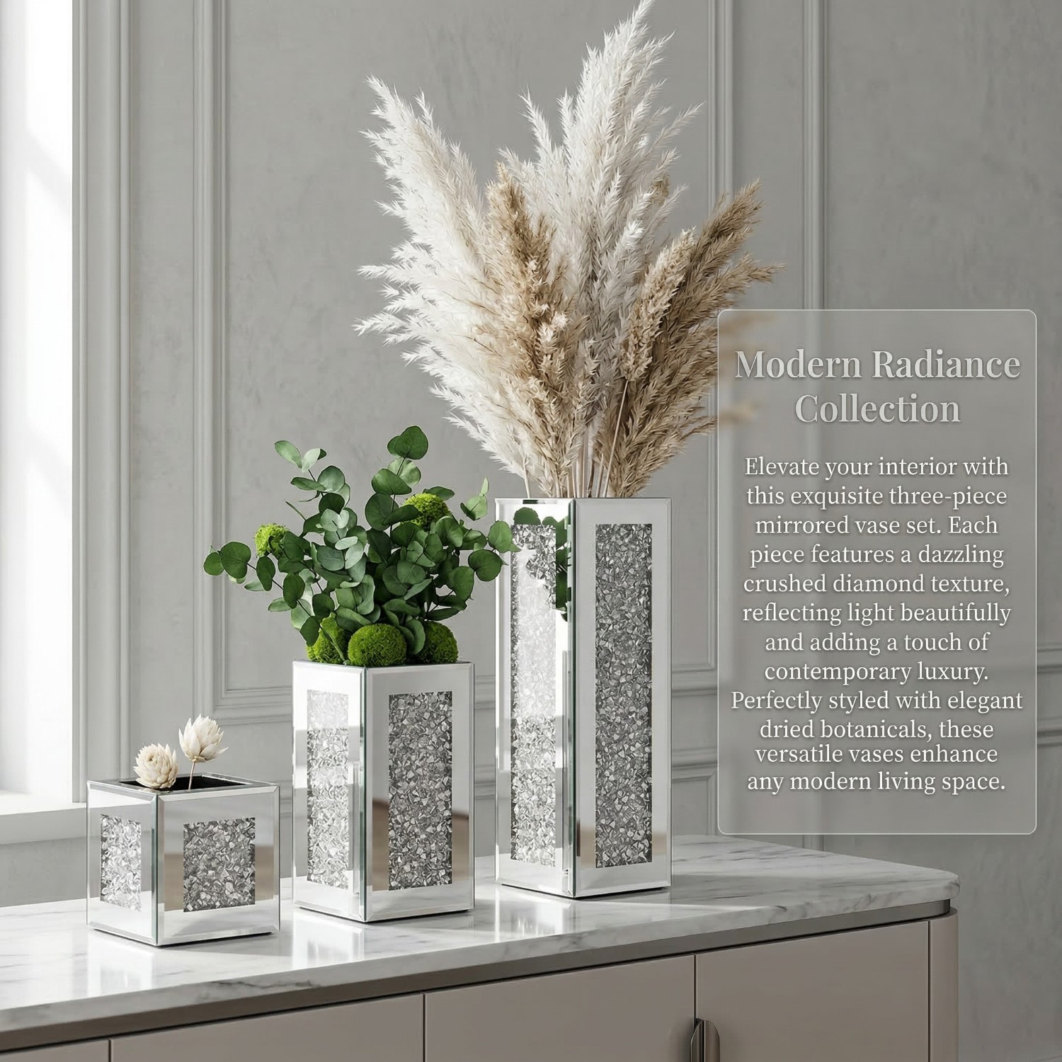 Square crushed diamond mirrored vase set of 3, silver sparkly crystal glass decorative flower vase, luxury table centrepiece for home living room, image 3