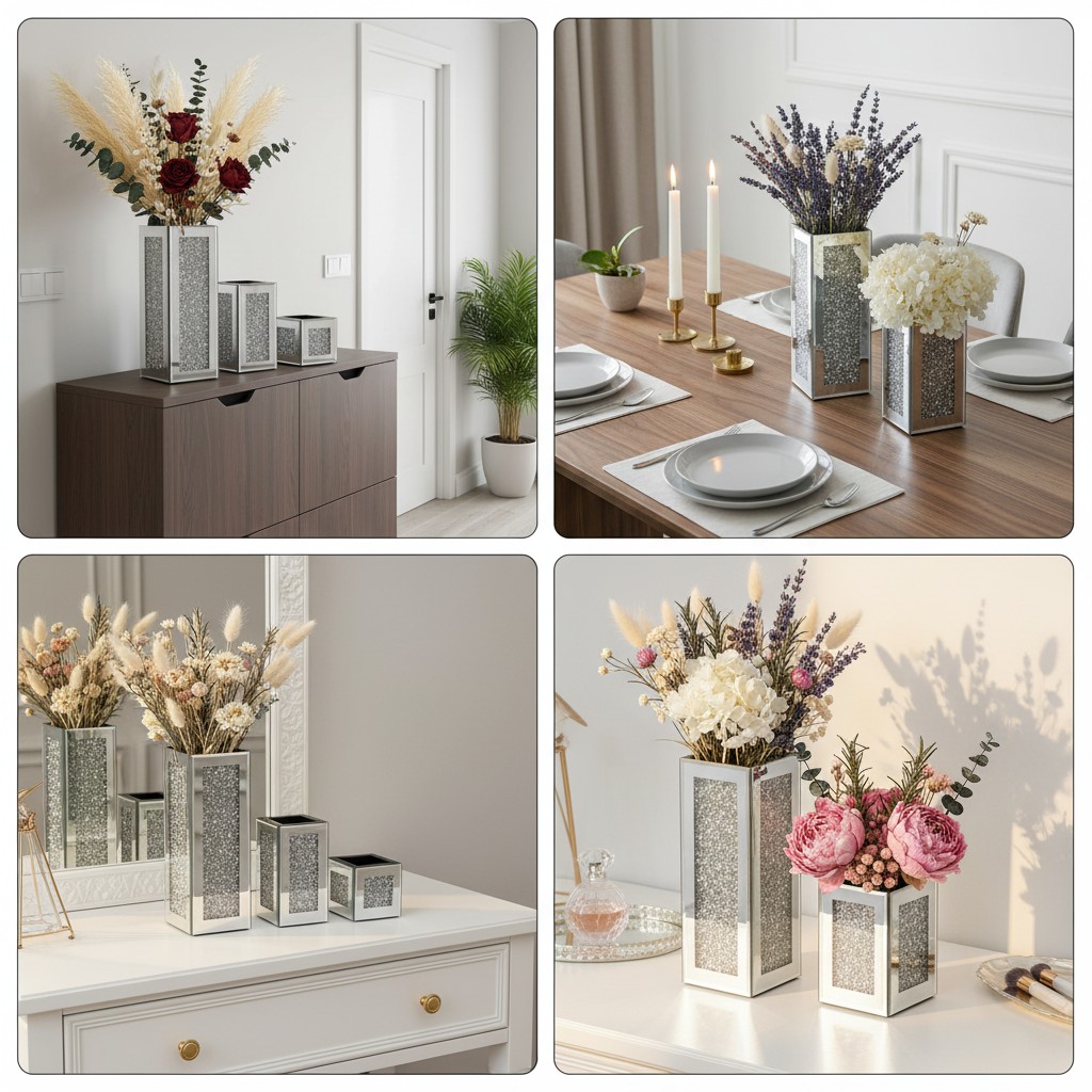 Square crushed diamond mirrored vase set of 3, silver sparkly crystal glass decorative flower vase, luxury table centrepiece for home living room, image 4