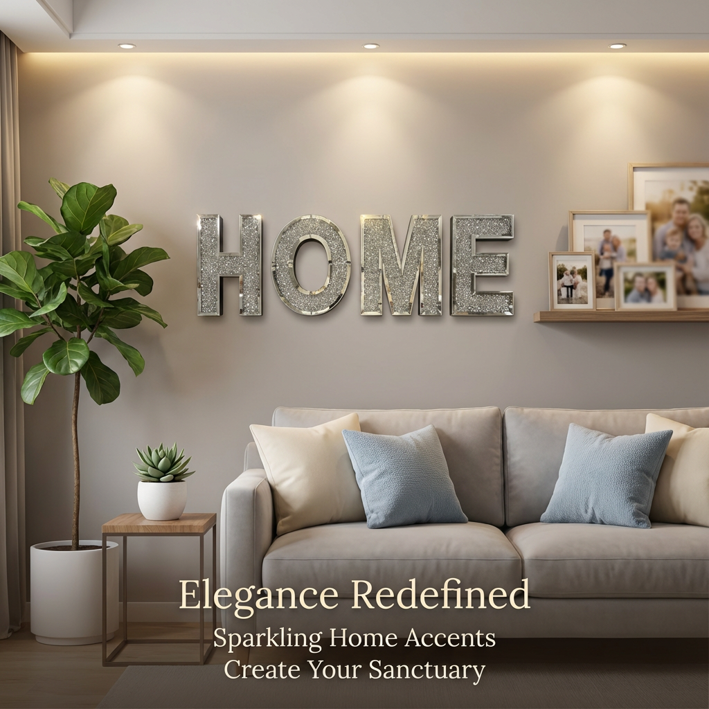 Crushed diamond home letter wall decor, silver sparkling mirrored alphabet sign, freestanding wall mountable glitter home ornament for living room