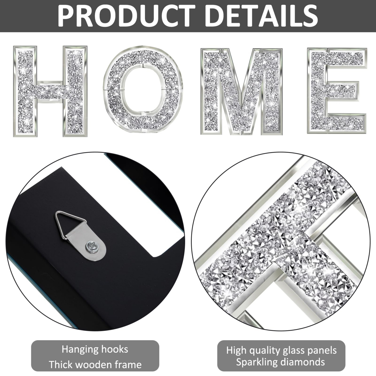 Crushed diamond home letter wall decor, silver sparkling mirrored alphabet sign, freestanding wall mountable glitter home ornament for living room, image 3