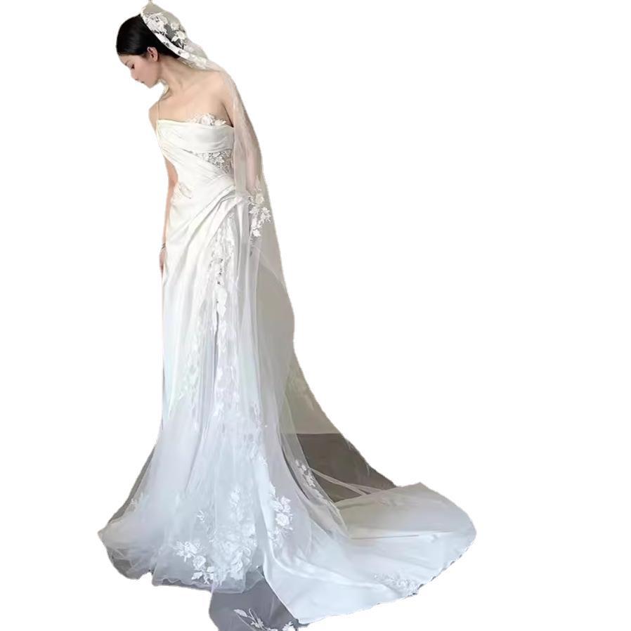 Satin lace wedding veil tube top fishtail wedding dress, image 4